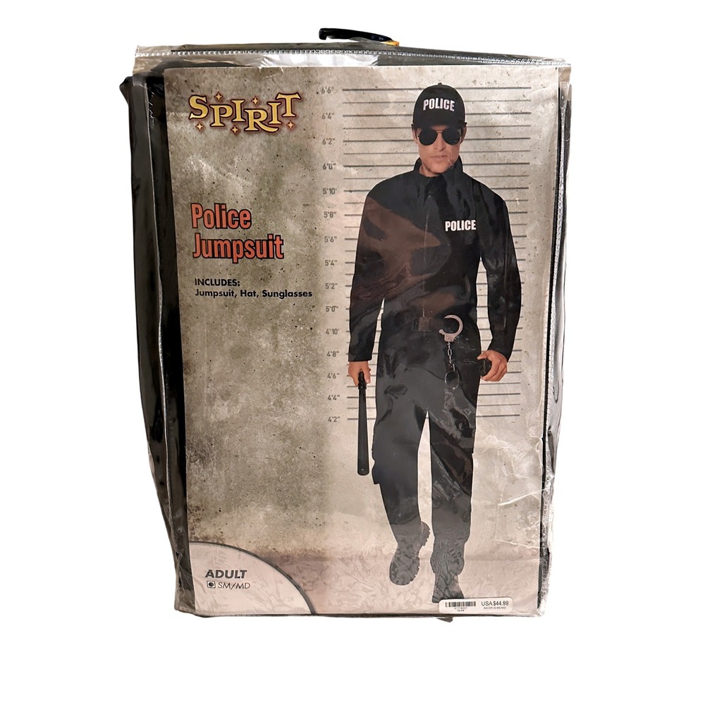 Spirit Halloween Police Jumpsuit Adult SM/MD Black Costume Set Hat Sunglasses